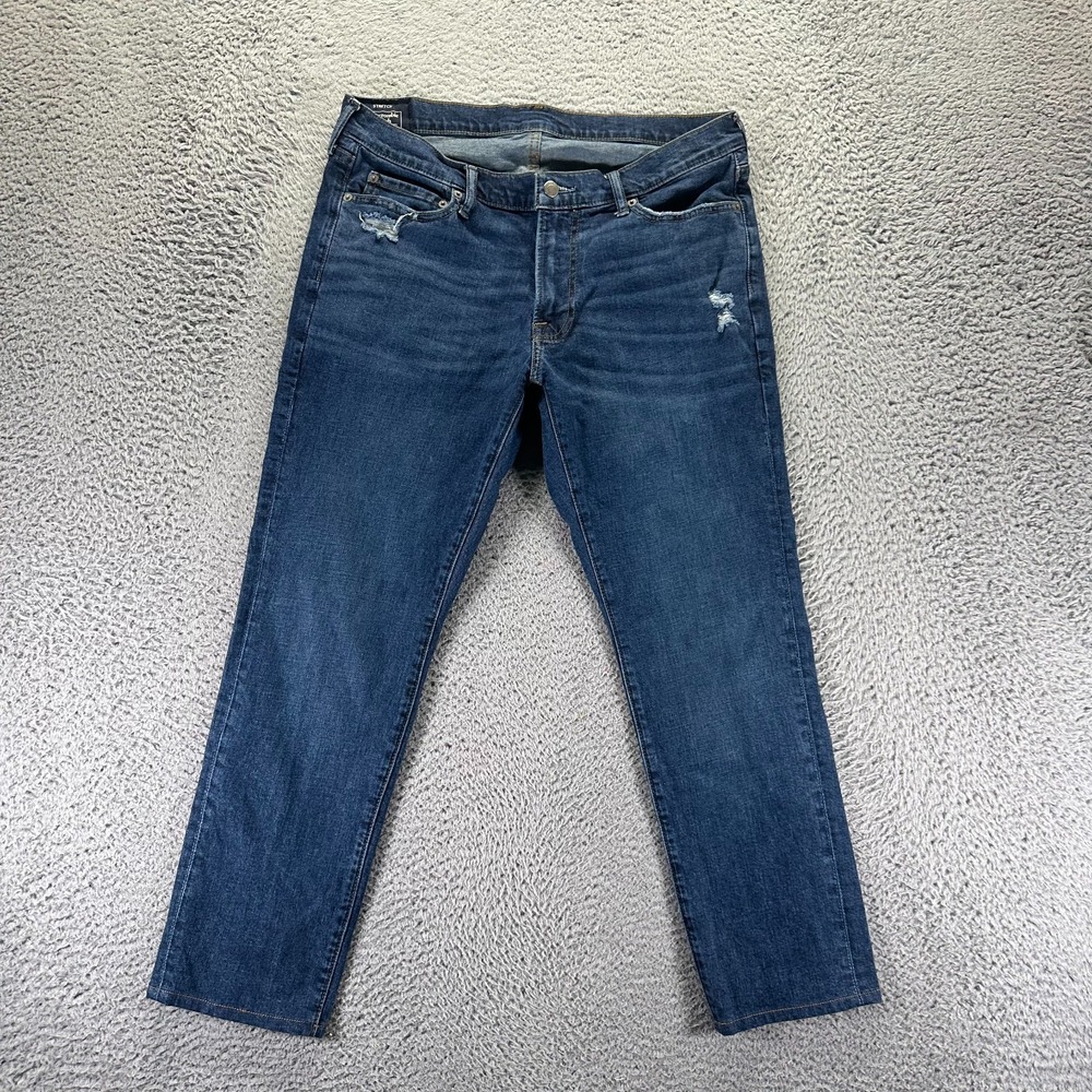 Abercrombie & Fitch Langdon Jeans Mens 34x27 Blue Denim Skinny Faded‎ Stretch